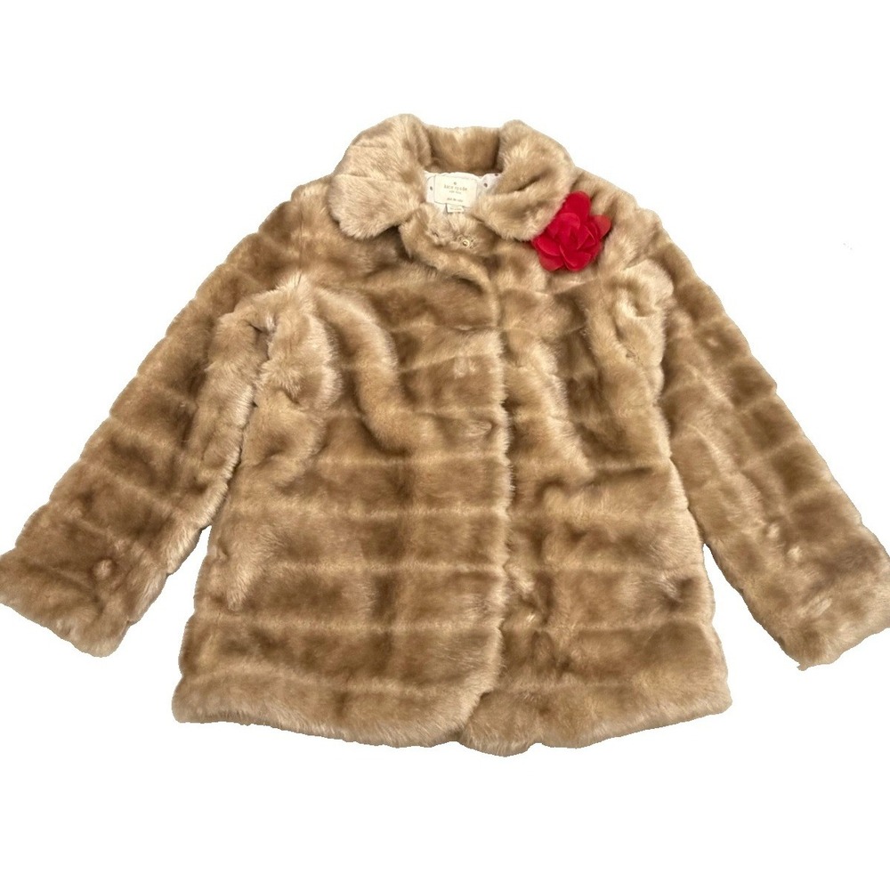 Kate Spade Girls 14/16 Faux Fur Coat Beige Red Flower Gold Dot Lining Holiday